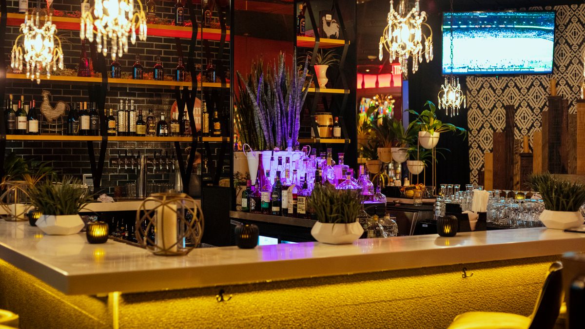 Stylish bar interior with decorative lighting, plants, and a well-stocked counter.