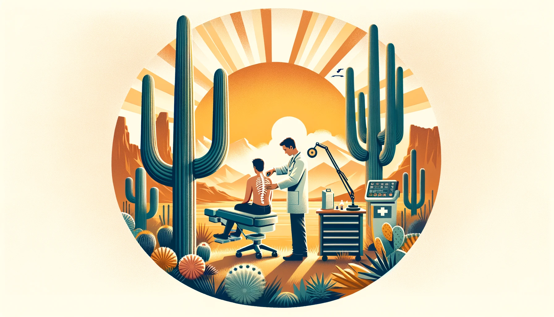 "A horizontal image showcasing a chiropractic session with a practitioner adjusting a patient's spine, set against a serene Phoenix, Arizona backdrop, featuring the silhouette of Camelback Mountain and saguaro cacti