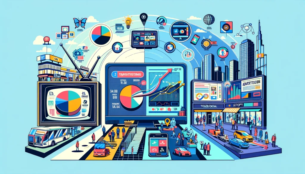 Infographic showing CETV advertising evolution: from classic TV sets, to data tools, mobile integration, and AI-driven future cityscapes.