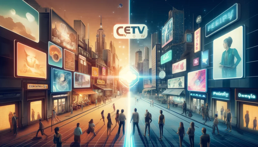 A split image showing the present and future of advertising: traditional billboards on the left and interactive holographic displays on the right, connected by a glowing CETV Now logo.