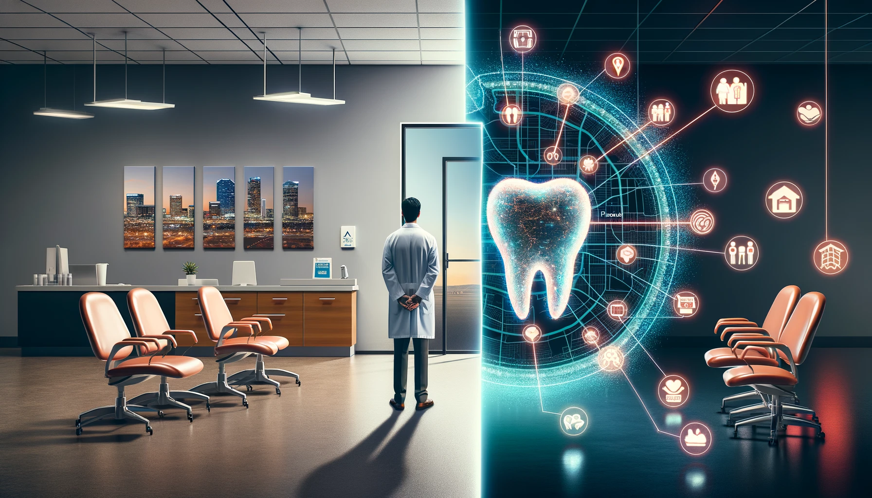 A split image showing traditional vs. targeted advertising for dentists: an empty waiting room on the left and a digital map of Phoenix with glowing connections to diverse locations on the right.
