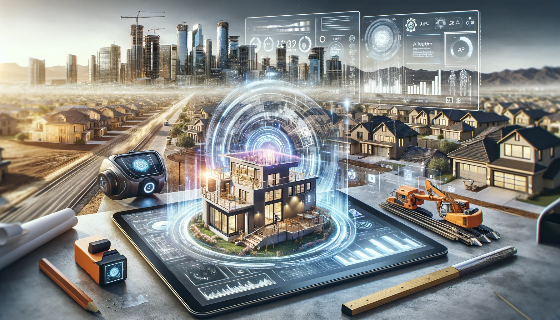 A futuristic construction scene with a holographic display of luxury homes, an AI-powered tablet showing data analytics, and futuristic safety glasses displaying 3D schematics.