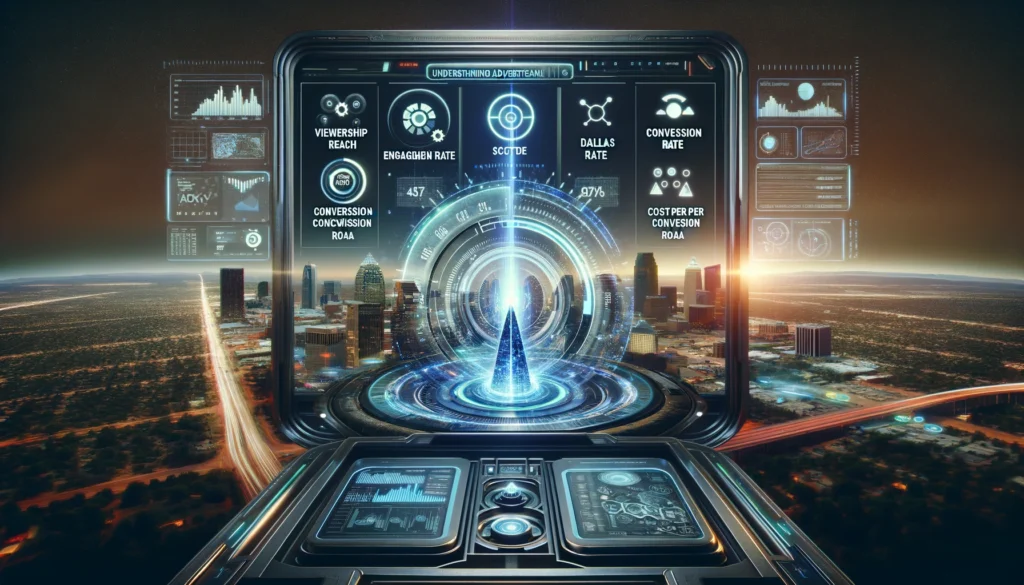 A futuristic scene with a high-tech dashboard displaying CETV advertising metrics, surrounded by data streams and a dynamic cityscape of Phoenix, Scottsdale, Dallas, and Miami.