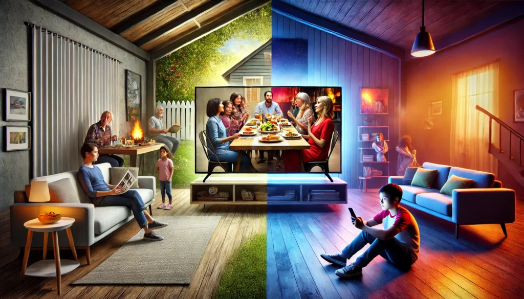 A divided screen showing a vibrant living room with people engaged in a CETV ad on TV and a muted scene of a person alone, disinterested, and scrolling through their phone.