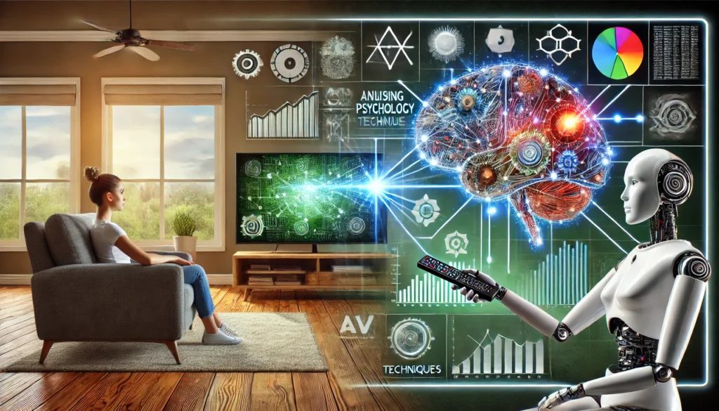 Split-screen image: a traditional living room with a viewer watching TV, and a futuristic AI interface analyzing data. A futuristic brain, robotic arm with remote, and chart depicting psychological techniques.