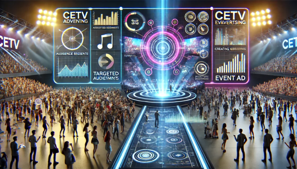 Futuristic split-screen image: a control center with holographic compliance data and a marketplace with people engaging with holographic advertisements, highlighting CETV advertising compliance and trust.