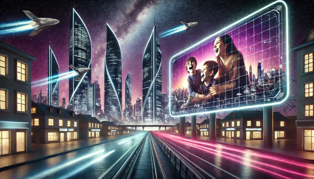 A futuristic cityscape at night with high-rise buildings and flying vehicles. A holographic billboard in the foreground shows a happy family, creating an emotional connection.