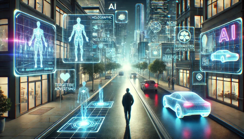 A futuristic city with holographic ads tailored to individuals' interests. A person walks on the sidewalk, surrounded by dynamic and personalized holographic advertisements.