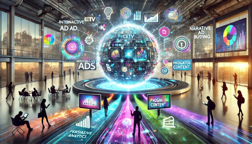 A futuristic depiction of CETV advertising trends, featuring a translucent sphere with interactive ad formats, colorful data streams, and a high-tech commercial environment. No text included.
