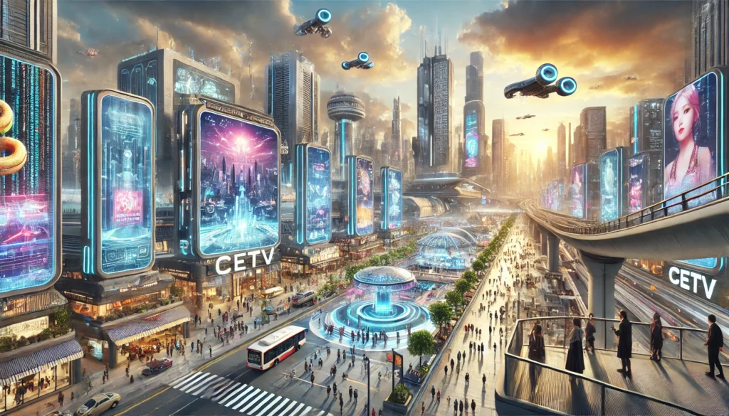 A bustling futuristic city with integrated CETV screens in public spaces, displaying personalized ads and engaging content, connecting brands and consumers.