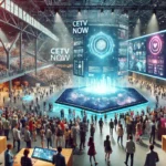 A vibrant crowd at a futuristic event venue with holographic displays showing real-time updates and interactive elements, enhancing the event experience with CETV Now.