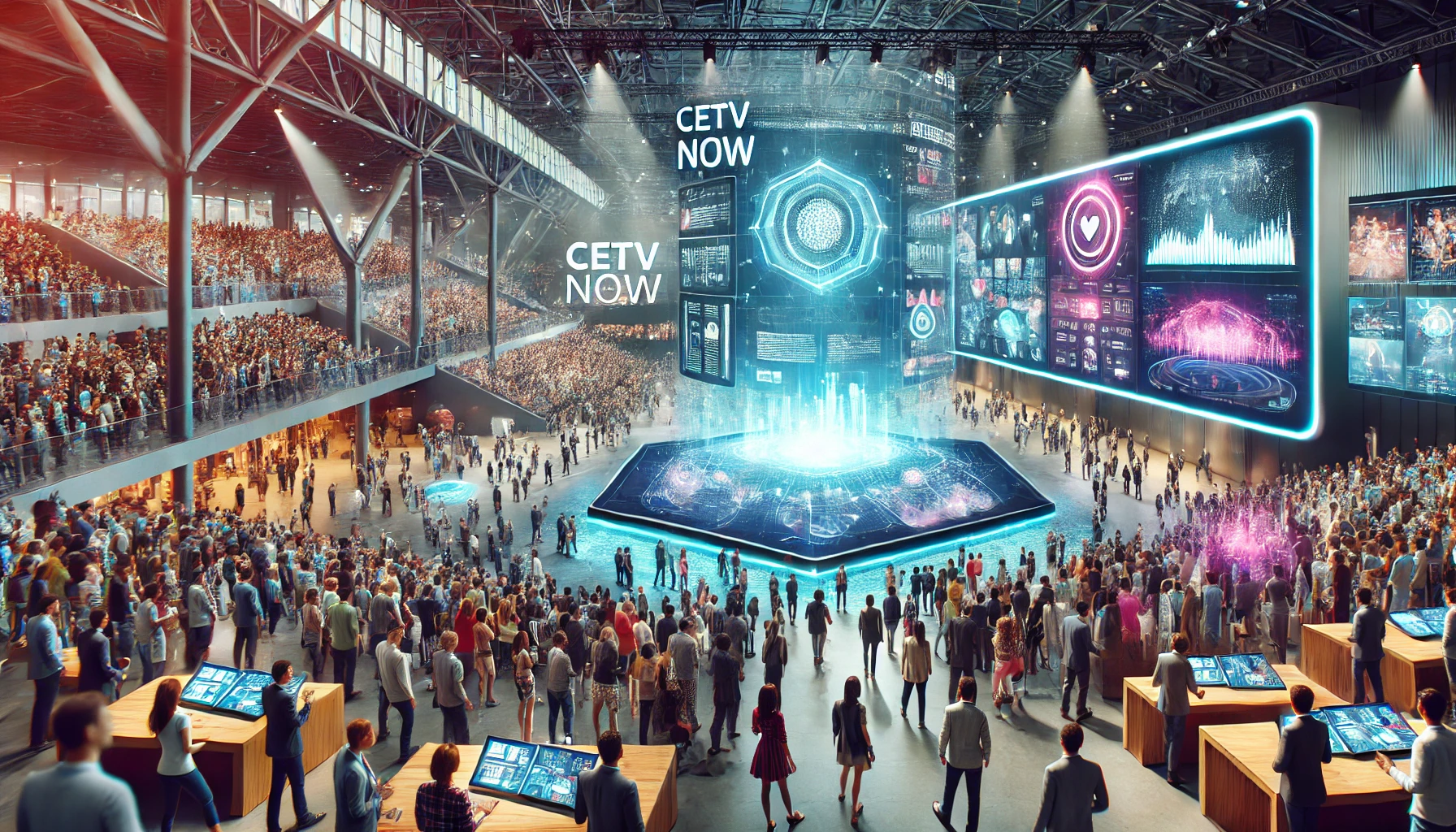 A vibrant crowd at a futuristic event venue with holographic displays showing real-time updates and interactive elements, enhancing the event experience with CETV Now.