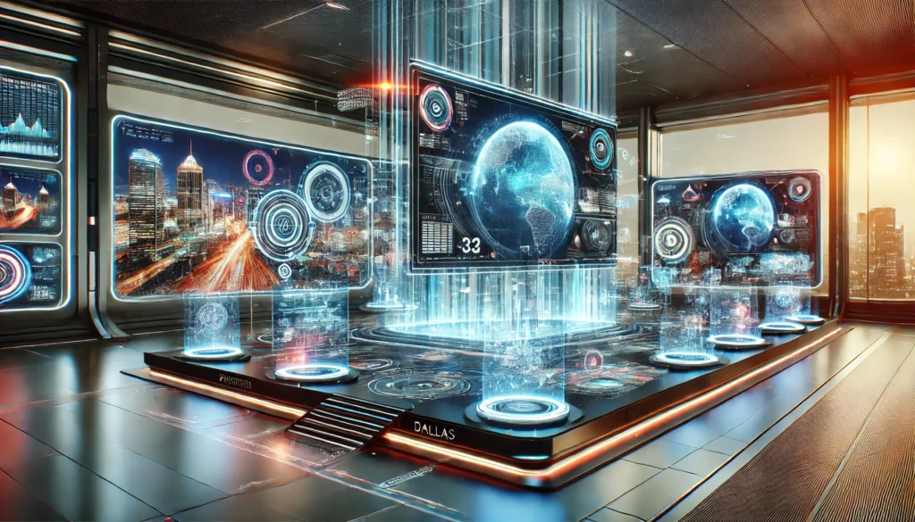 Futuristic advertising scene with dynamic holographic displays and high-tech environments, showcasing innovative digital marketing trends in a modern city setting.