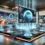 Futuristic advertising scene with dynamic holographic displays and high-tech environments, showcasing innovative digital marketing trends in a modern city setting.