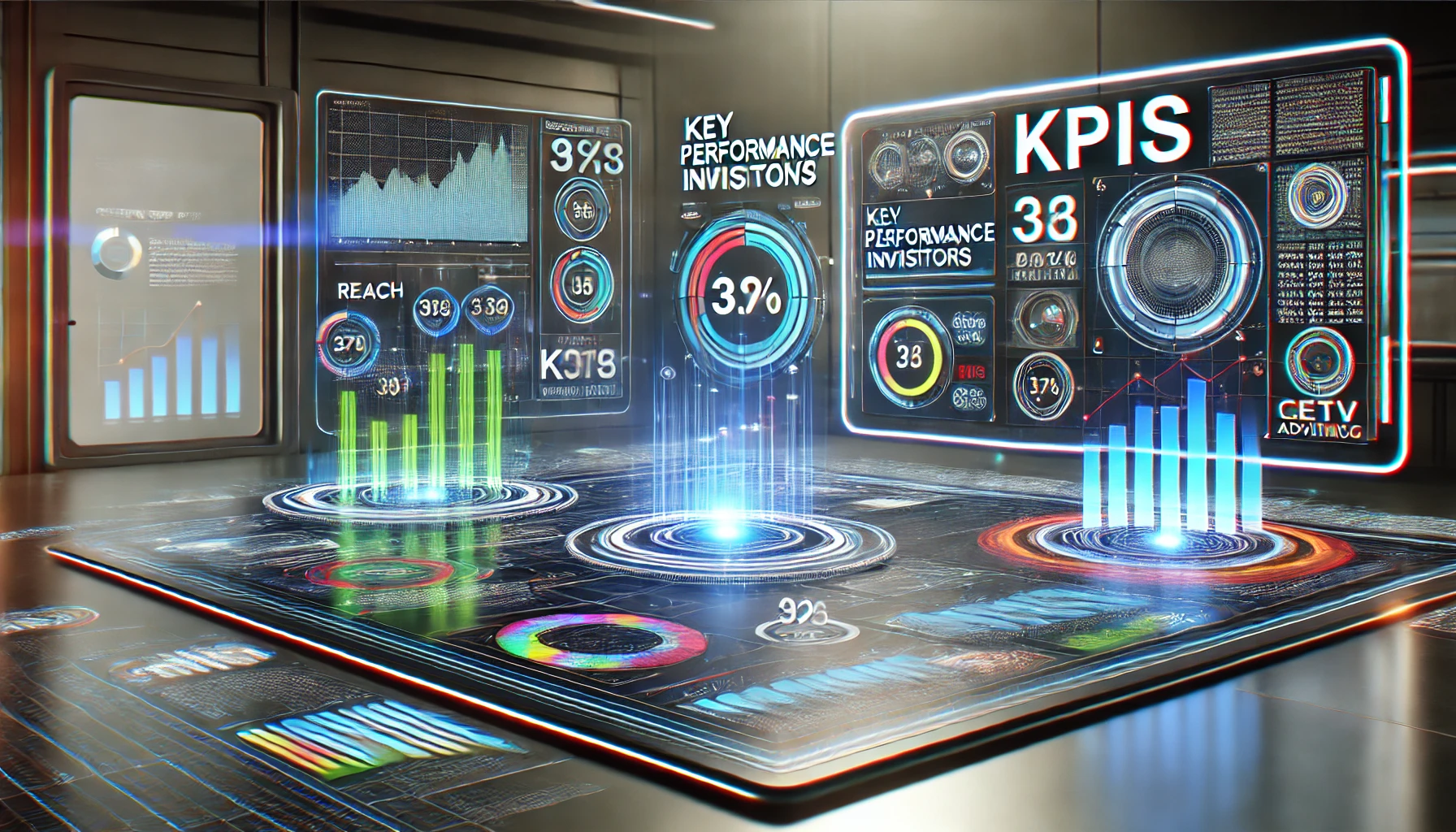 Futuristic digital dashboard displaying key performance indicators (KPIs) for CETV advertising, with glowing data charts and AI elements in a sleek, high-tech environment.