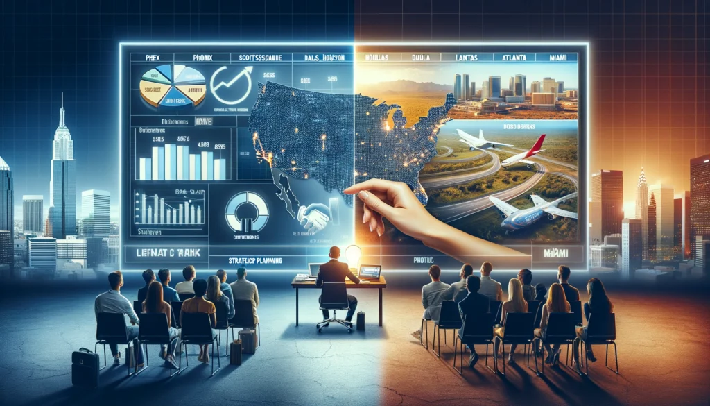 Split-screen image: left side shows a professional at a desk with data charts; right side depicts people watching a digital ad in a commercial space.