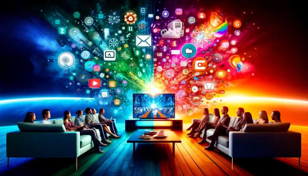 A split-screen image showing digital marketing icons on the left and a living room TV scene on the right, symbolizing the integration of traditional and digital marketing by CETV Now.