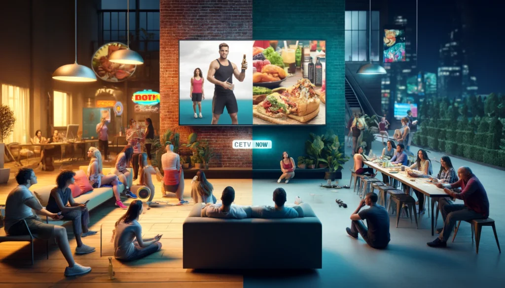 A split-screen image contrasting traditional TV advertising in a living room with people distracted and modern CETV Now ads in a gym with people actively engaged.