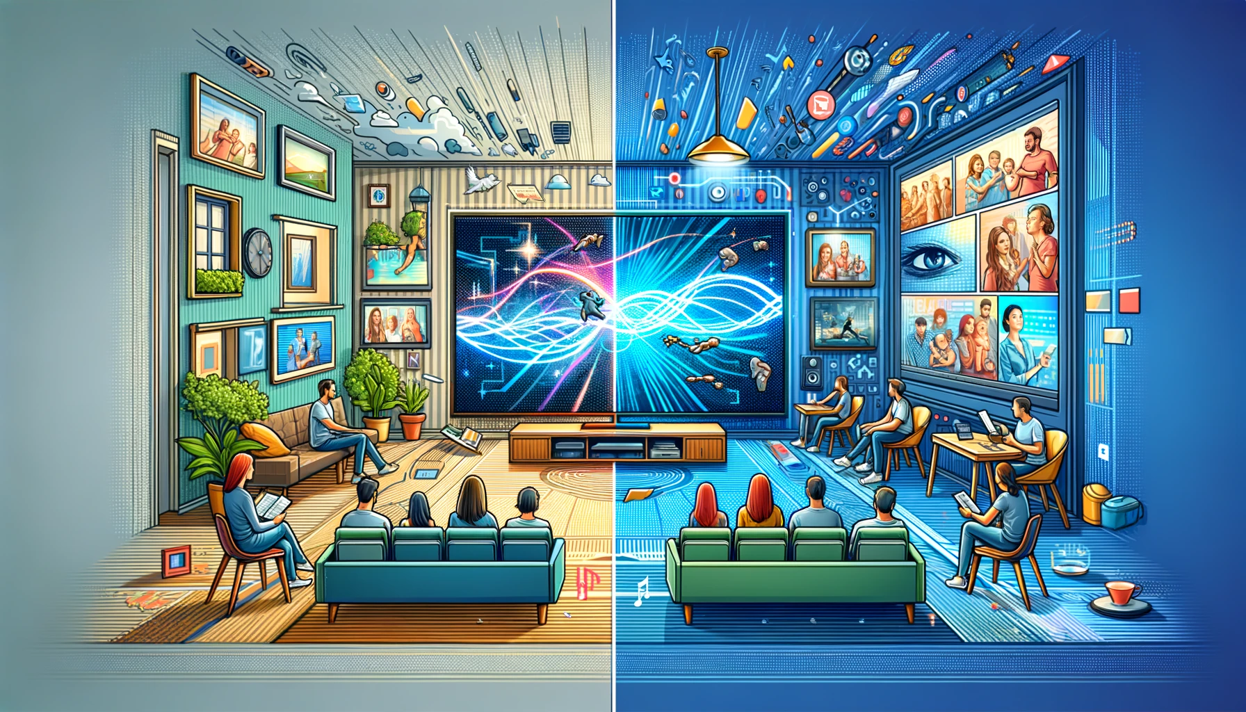 A split-screen image showing a living room with someone fast-forwarding through TV commercials on the left and a doctor's office waiting room with people attentively watching digital ads on the right.