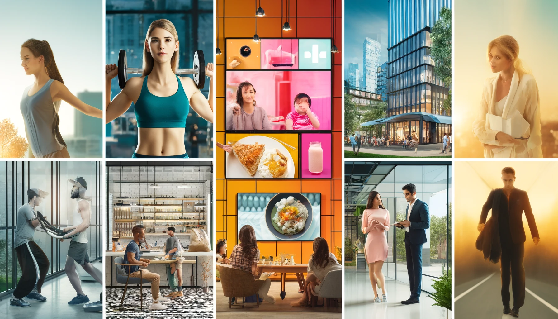A split-screen image with four sections: a gym with a protein powder ad, a luxury apartment with a real estate ad, a co-working space with a productivity app ad, and a restaurant with a health food store ad.