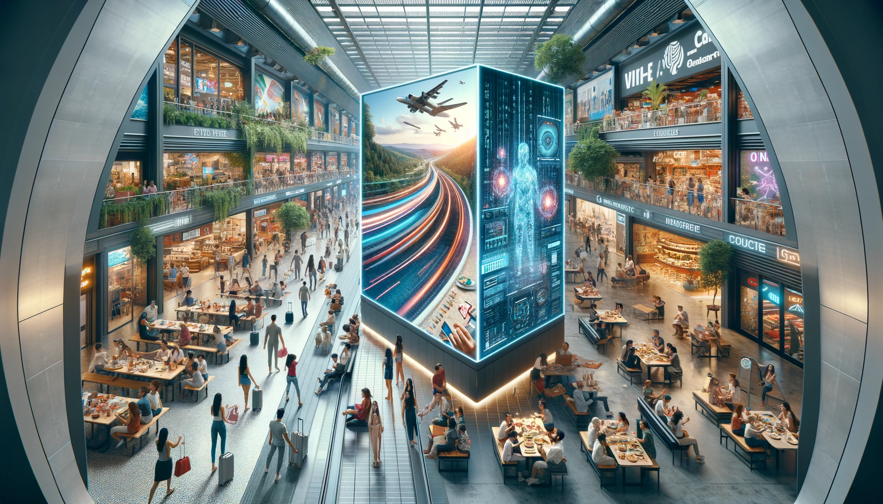 A futuristic commercial environment with AI elements and a split-screen showing a person captivated by a high-quality CETV ad on a digital billboard, highlighting emotional impact.