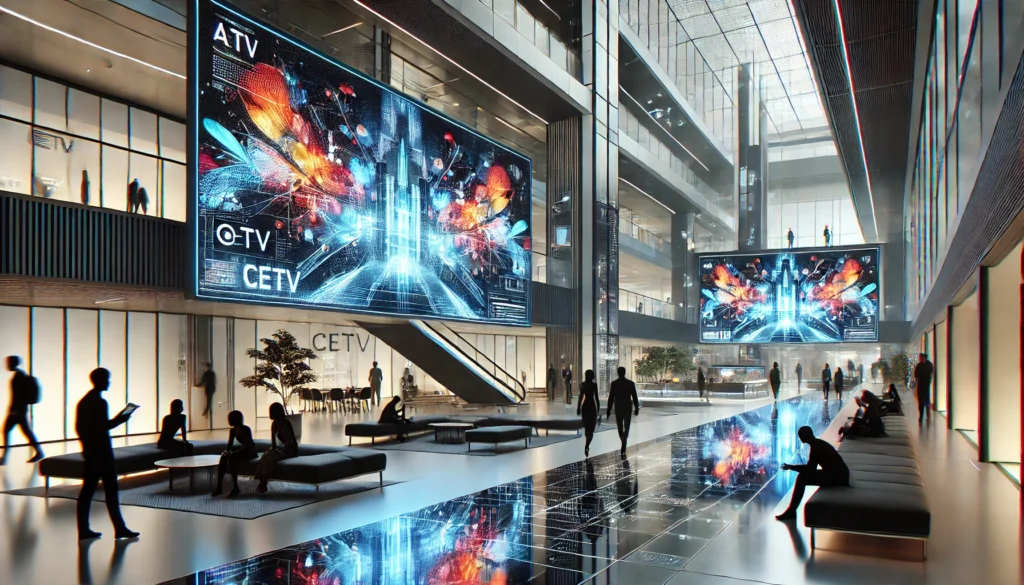 A sleek, futuristic commercial space with high-tech displays showcasing advanced branding, perfect for highlighting modern advertising in a high-end, digital environment.