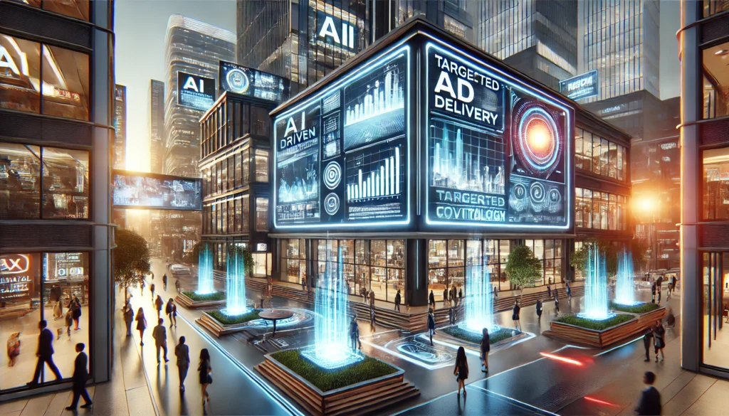 Futuristic commercial environment showcasing advanced AI-driven advertising solutions, with sleek digital screens and dynamic visuals in a modern setting.