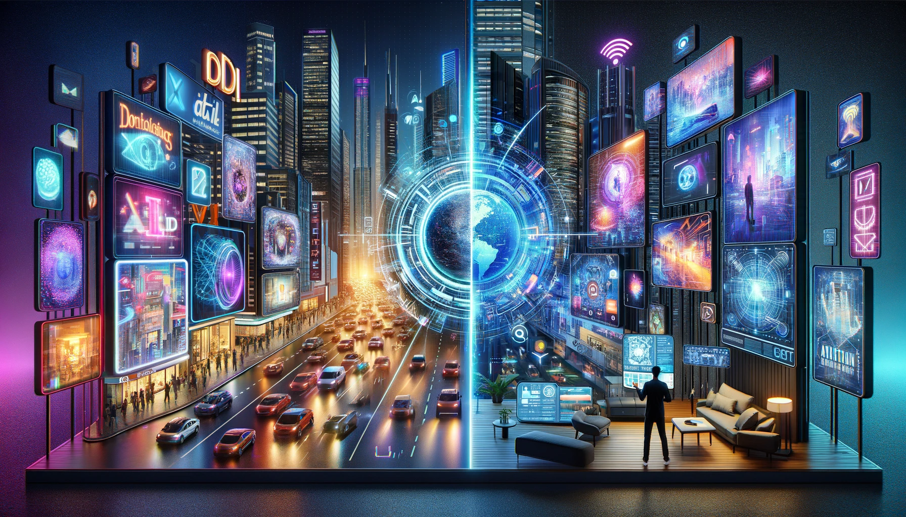 A futuristic cityscape with neon holographic ads on the left and a modern living room with AI-driven personalized ads on the right, showcasing innovation and advanced technology.