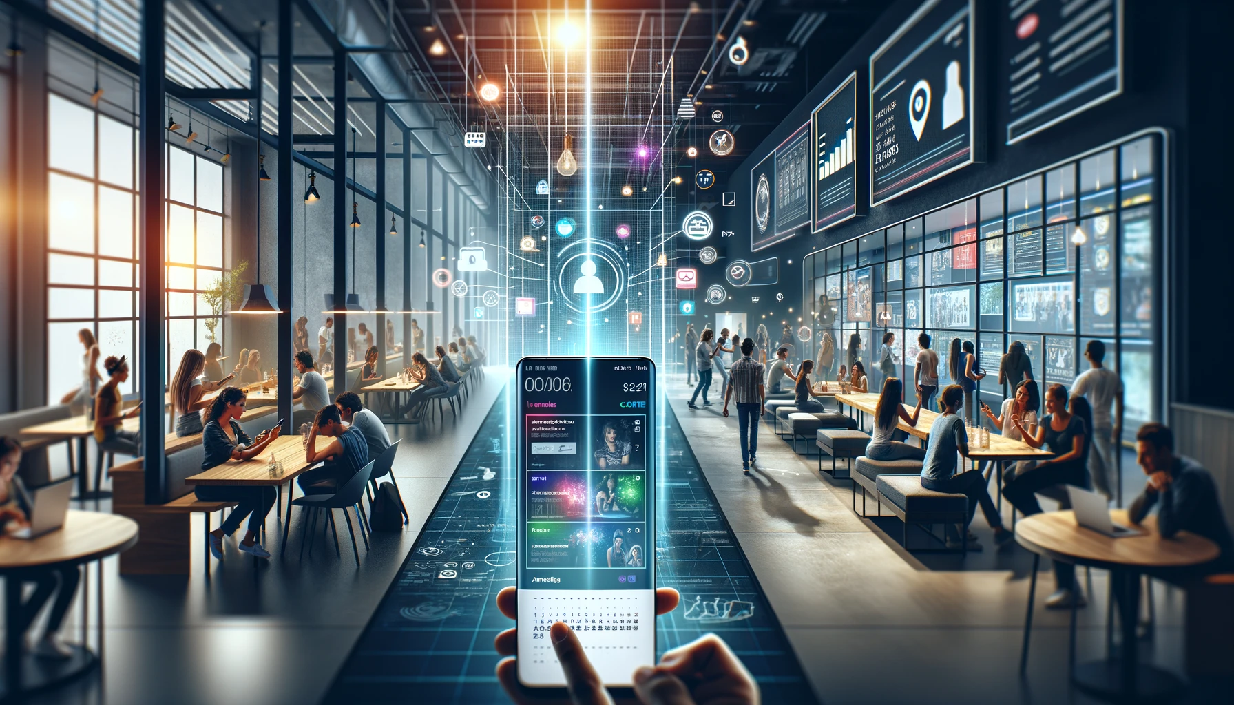A futuristic scene of CETV advertising in a sleek commercial environment with digital displays, people interacting, and a smartphone displaying a calendar app connected by animated lines.