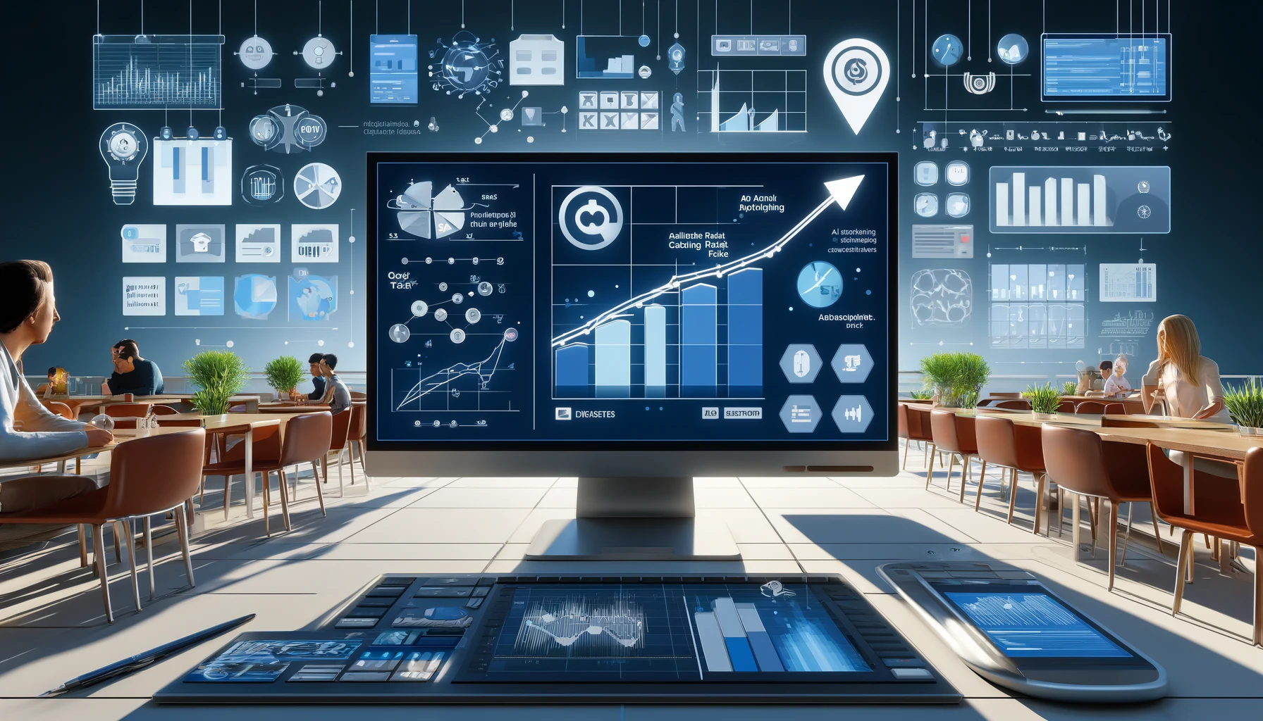 A split-screen image showing a computer with a CETV advertising analytics dashboard and a commercial environment with a digital display ad, connected by arrows representing KPI optimization.