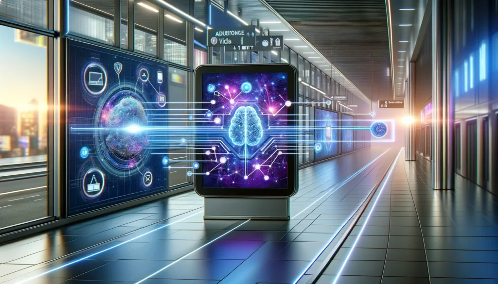 A futuristic scene with a digital billboard in a sleek commercial environment, interconnected lines representing targeted ad reach, and a stylized AI core processing data for optimized delivery.