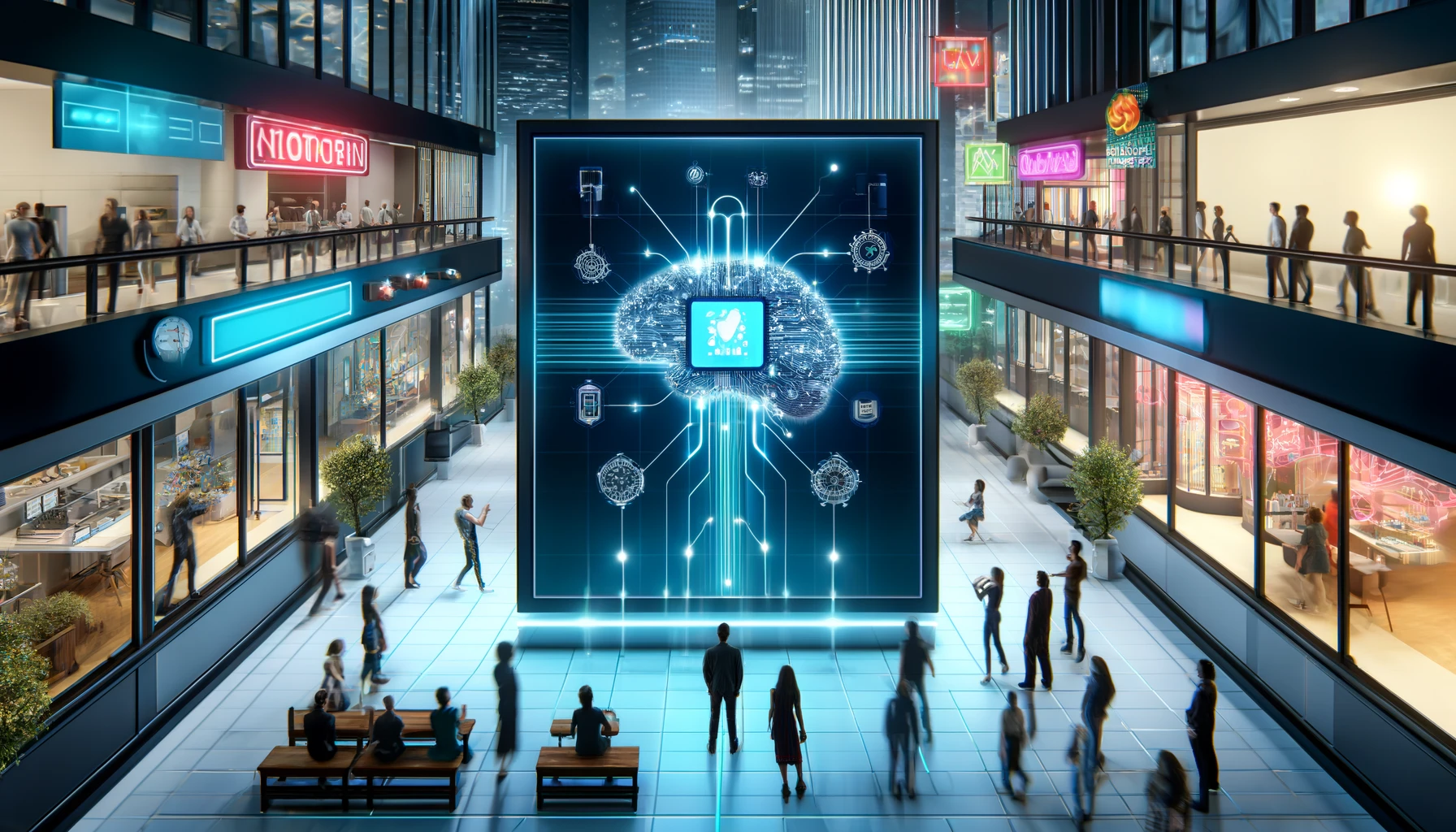 A futuristic scene of a digital billboard in a sleek commercial environment, with people interacting and glowing lines representing targeted ad reach and an AI core processing data.