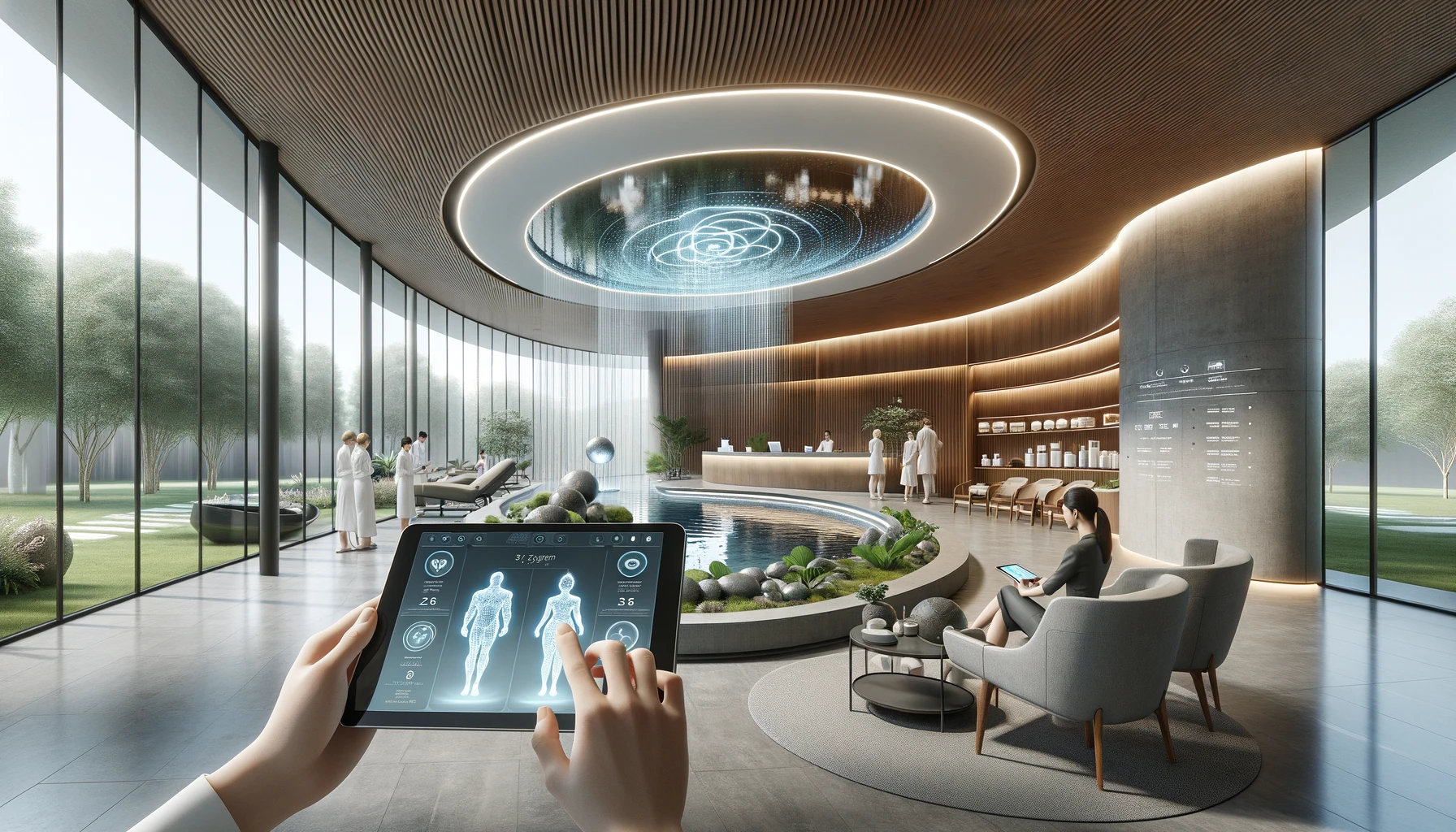 A modern med spa interior with a client using a tablet, a staff member accessing a CRM system, curved walls, floor-to-ceiling windows, natural elements, and a serene atmosphere.
