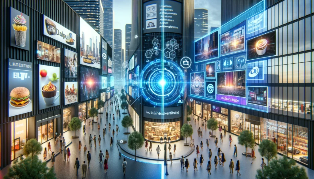 A futuristic split-screen image of a bustling city with holographic ads and a sleek control center with AI analyzing data to place targeted CETV ads.