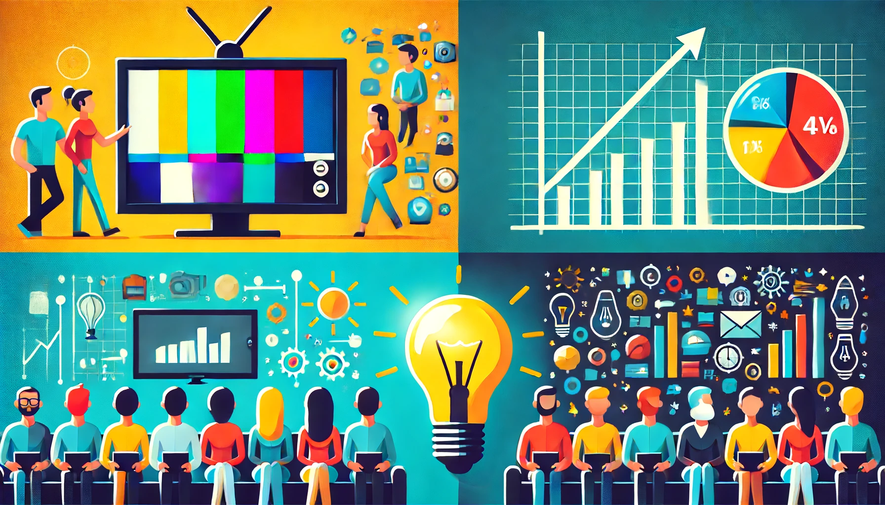 Four-section image: TV displaying a colorful commercial, a graph showing increased sales, diverse group watching TV on a couch, and a lightbulb symbolizing a creative idea.