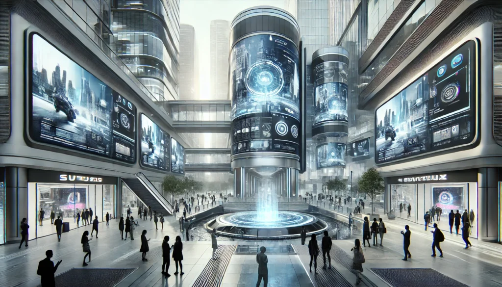 A futuristic cityscape with high-tech buildings displaying dynamic ads on large digital screens. People interact with the ads, showcasing advanced AI-driven technology and bustling activity.