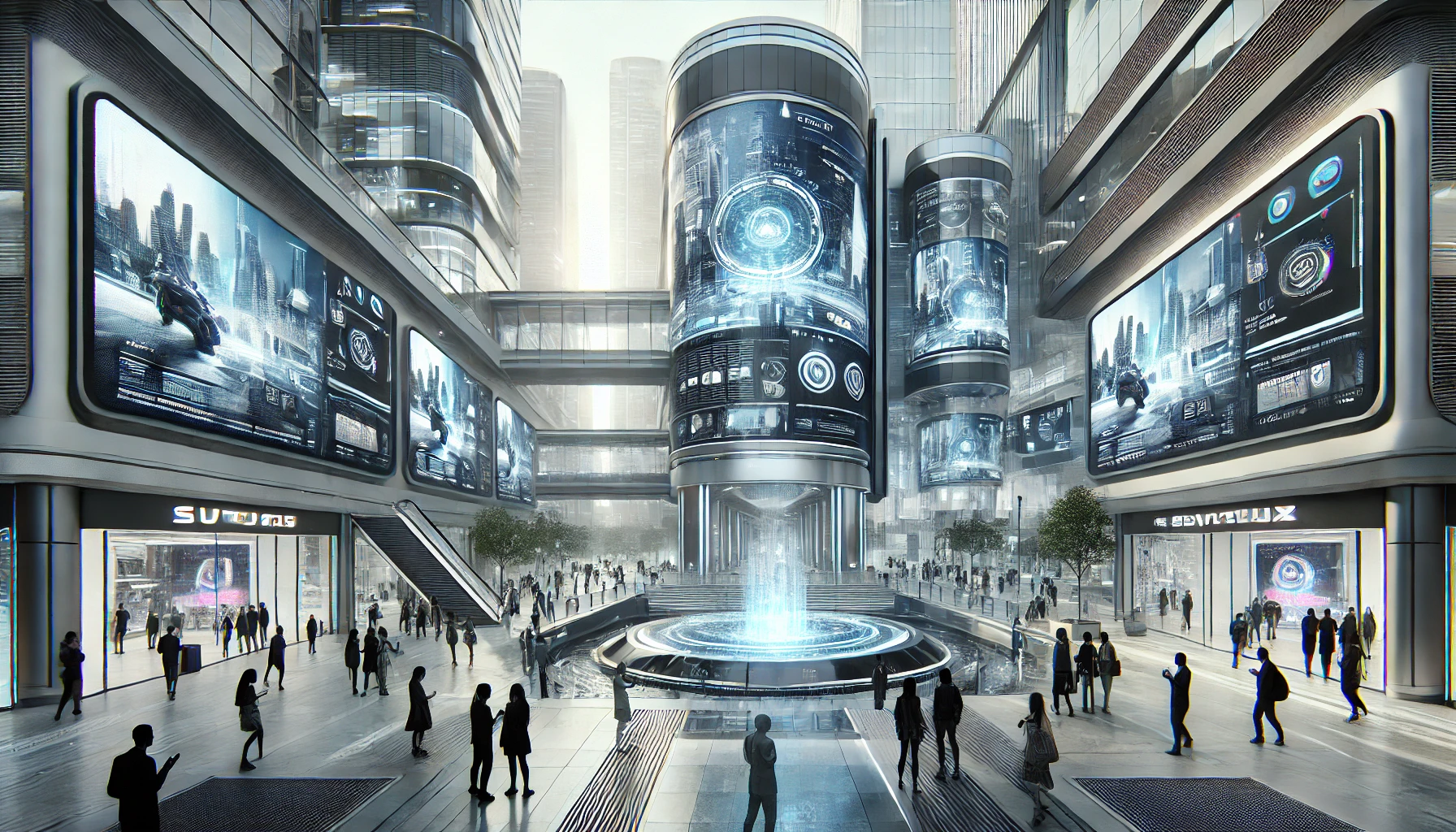 A futuristic cityscape with high-tech buildings displaying dynamic ads on large digital screens. People interact with the ads, showcasing advanced AI-driven technology and bustling activity.