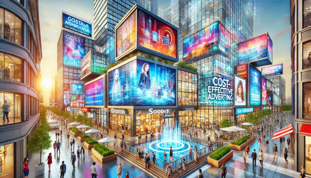 A vibrant urban scene with high-tech digital screens displaying dynamic ads on buildings. People interact with the ads, highlighting modern architecture and advanced technology.