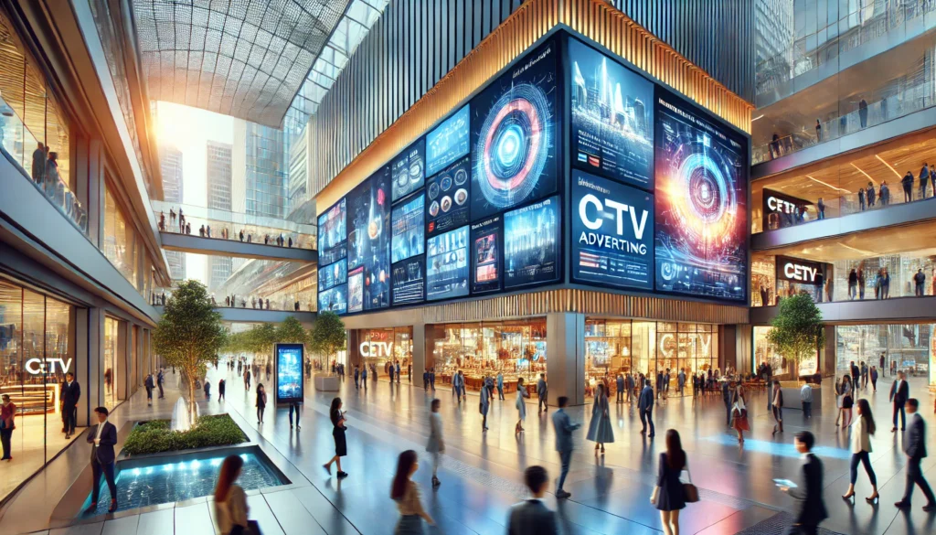 A bustling commercial environment with high-tech digital screens displaying dynamic ads. People are engaged with the advertisements in a setting of modern architecture and advanced technology.