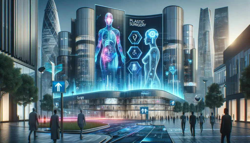 A futuristic cityscape with metallic skyscrapers displaying holographic ads for plastic surgery. People interact with the ads using gestures, with abstract data visualizations in the foreground.