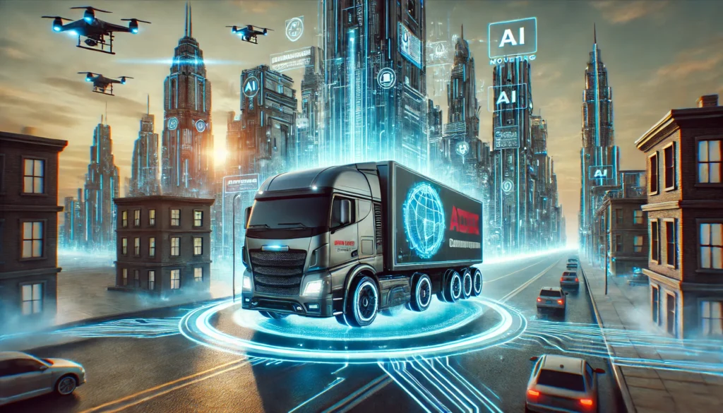 A sleek, chrome moving truck levitates above the ground with glowing blue energy fields, set in a bustling futuristic cityscape with towering skyscrapers and holographic advertisements.