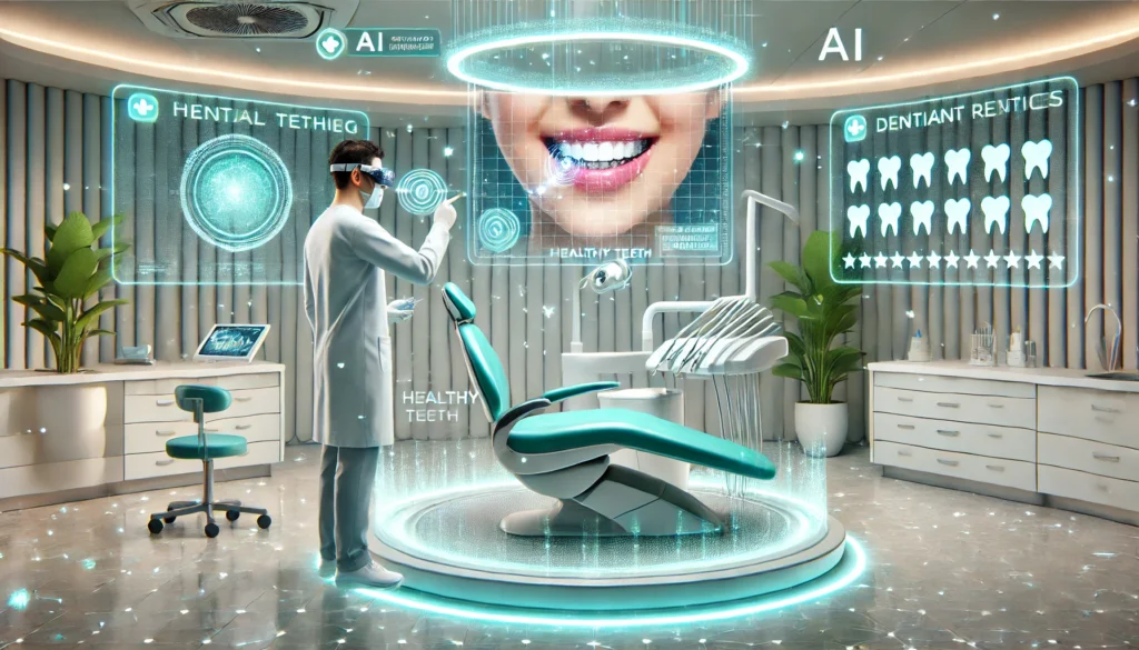 A futuristic dentist office with a sleek dental chair, holographic display, and a dentist using augmented reality glasses. Digital billboard shows positive reviews. Advanced tech and comfort blend seamlessly.