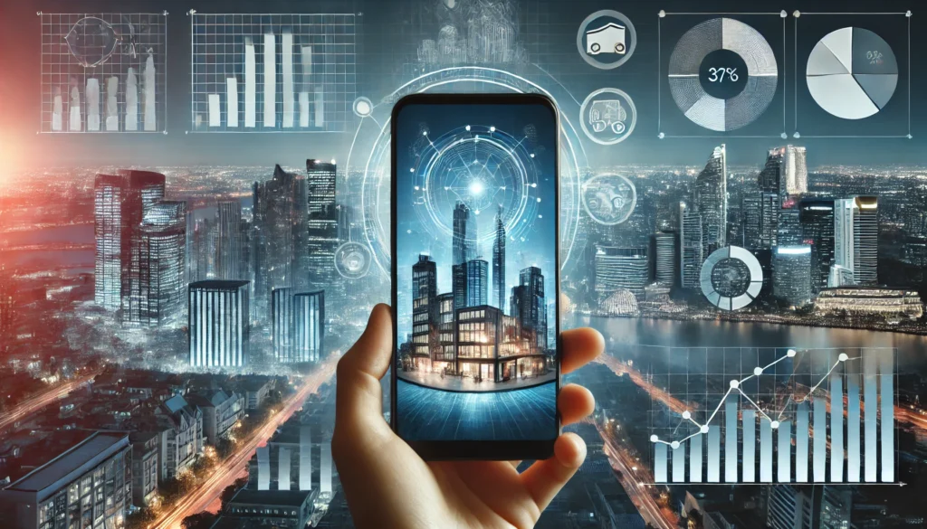Futuristic cityscape with a mobile phone displaying a commercial environment on the left and various data visualizations on the right, representing growth in website traffic, sales, and brand awareness.
