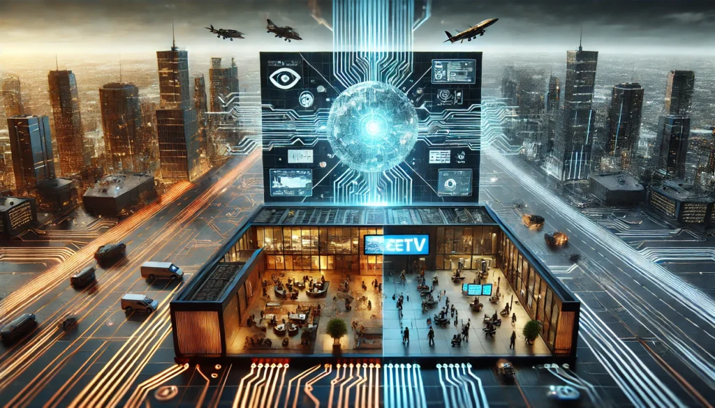 A split-screen image: left side features a futuristic cityscape with flying vehicles; right side shows commercial environments with targeted ads on screens. Glowing circuitry borders both sides.