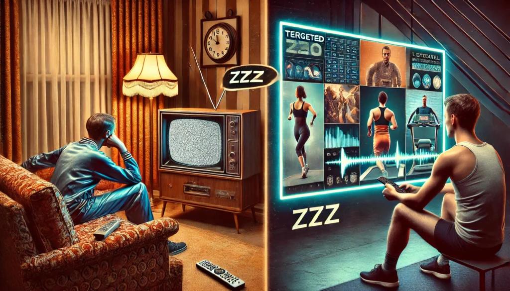 A split-screen image: left side shows a classic TV with a bored person on a couch; right side features a futuristic monitor displaying a gym ad in a modern setting.