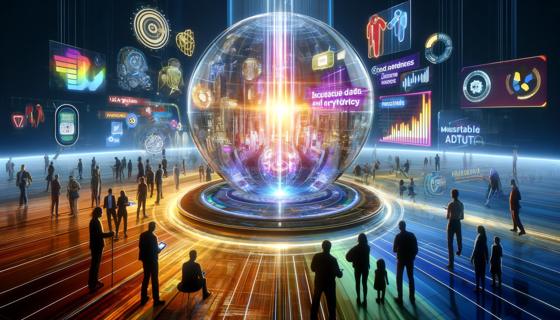 A futuristic and tech-driven depiction of CETV advertising success, featuring a transparent sphere, holographic ads, and colorful data streams in a sleek commercial environment.