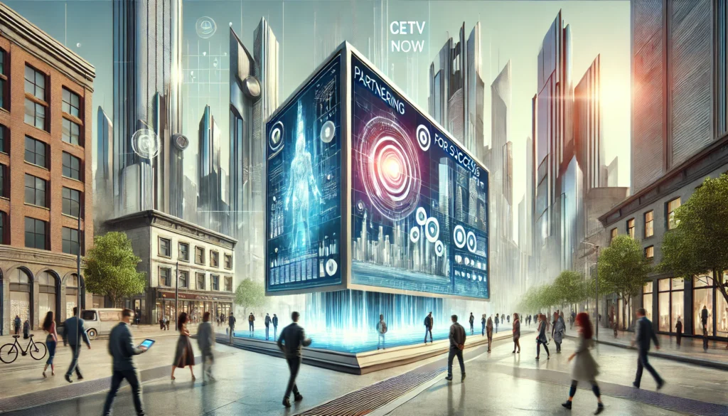A futuristic cityscape with metallic buildings and a holographic billboard displaying a dynamic ad. People interact with the ad using sleek devices, reflecting modern, data-driven advertising.