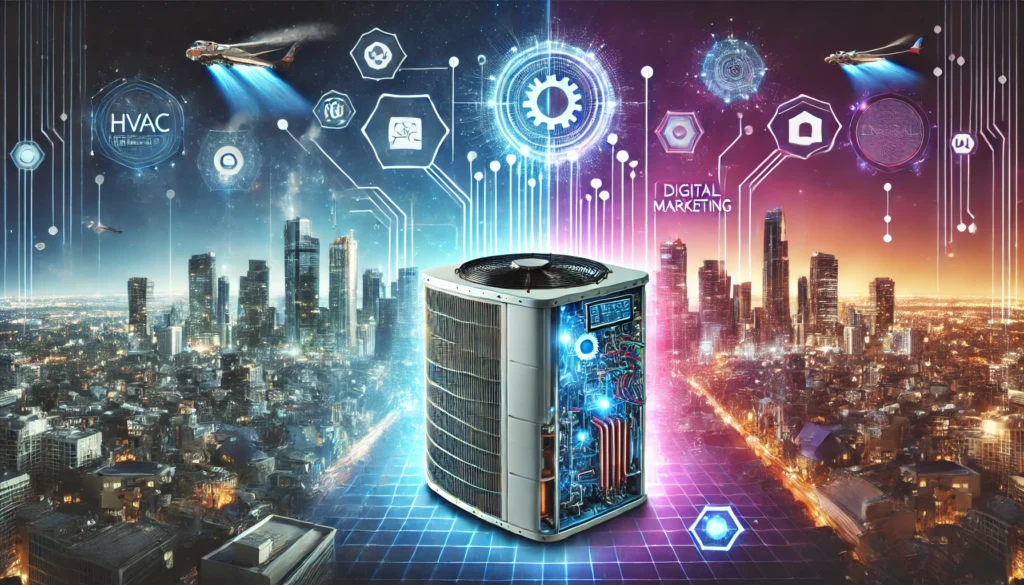 Split-screen image: modern HVAC system with digital readouts on the left, futuristic cityscape with glowing accents and digital lines on the right, symbolizing digital marketing integration.