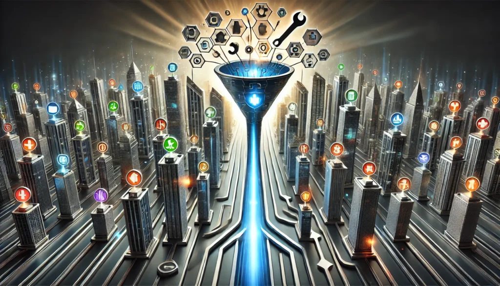 A futuristic split-screen image: left shows a chrome cityscape with industry icons morphing into data streams; right features a funnel with colorful data points and a blue shield symbolizing security.