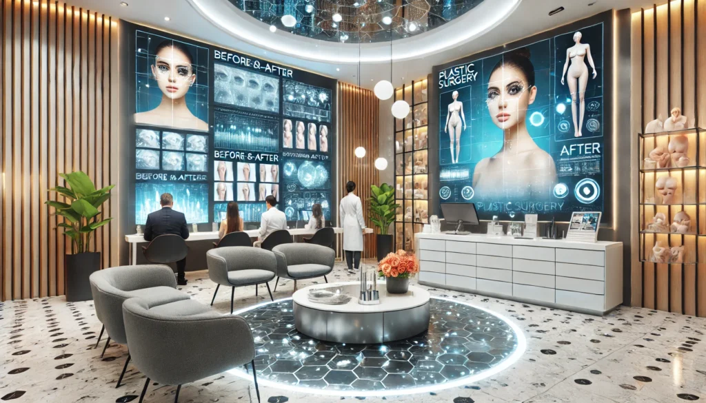 A modern plastic surgery clinic with a futuristic design, advanced technology, interactive screens, and digital displays showcasing before-and-after photos in an inviting atmosphere.